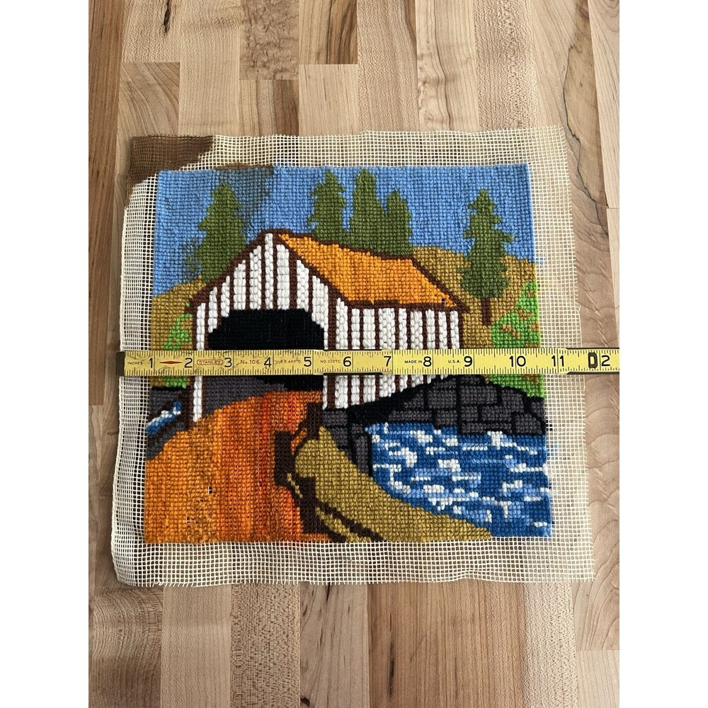 Vintage 60s 70s Completed Needlepoint Covered Bridge Small 10" x 10" - Picture 5 of 9